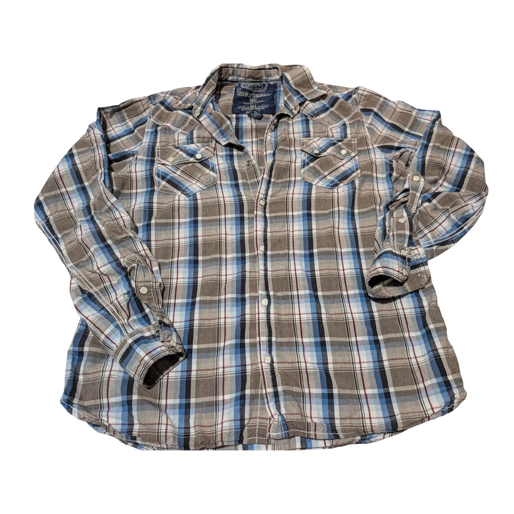 GPH Supply Company Western Shirt Mens M Blue Brown Plaid Pearl Snap Roll Tab‎